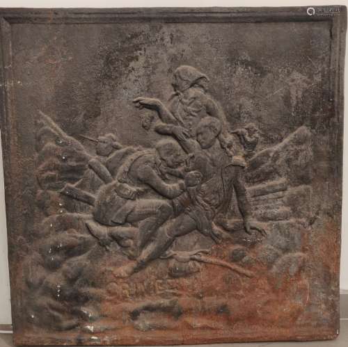 铸铁火背，描绘了克里米亚战争（1853-1856年）的战斗场景。尺寸：69 x 69厘米
