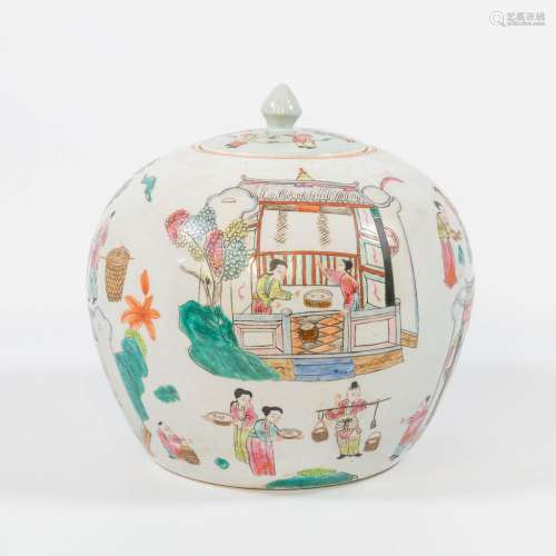 在Chinees porslein的Een gemberpot，满足装饰和spelende kinderen。
