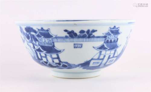 蓝白瓷碗，立环，中国，约1800年。青花釉下五彩山水，有