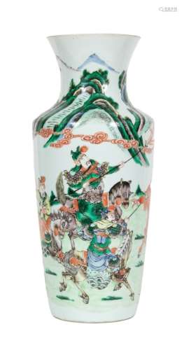 中国，19世纪晚期青花武士科珐琅彩瓷瓶高：43.5厘米(颈部微微搭接，可能底部也有搭接)
