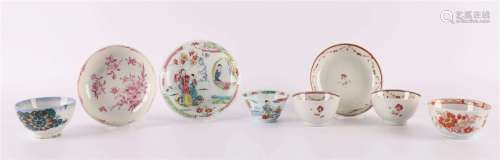 中国，乾隆18世纪，一个家庭玫瑰花杯和碟子。山水人物的多色装饰（片状）。随之而来的是各种独立的杯碟，共。8x.