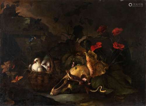 归属尼古拉-范-胡伯拉肯（Nicola VAN HOUBRACKEN，1668年，墨西拿--里窝那，1733年）Vanity or Still life with sheep skull, doves, snake, weasel and flowers Oil on canvas98 x 133,5 cm(rerestorations)Provenance: Collection Léopold HOOGVELST (1893-1985), 前布鲁塞尔冶金、电气和工业信托公司主席和总经理。 Nicola van Houbracken出生于西西里岛的墨西拿，出生在一个佛兰芒画家的家庭。1674年左右，他们在托斯卡纳的利沃诺定居，据悉他在那里创作的大多是静物画。我们所展示的这幅大型画布，其元素以非凡的自然主义执行，隐藏着与生死相关的深意。这幅静物其实是一幅《名利场》，这种风格在十七世纪很有代表性，象征着生存的脆弱和时间的飞逝。骷髅头是核心元素，也是卓越的死亡象征，伴随着罂粟花，象征着遗忘和永恒的睡眠，而黄鼠狼和蛇，是邪恶和罪恶的传统形象，威胁着两只蹲在篮子里的鸽子。画作的暗色调突出了信息的残酷性和短暂的生存理念。