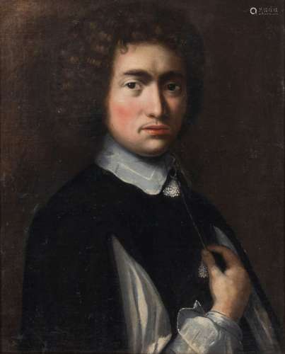 17世纪荷兰学派，巴托洛缪斯-范-德尔-赫尔斯特(Haarlem，1613年-阿姆斯特丹，1670年)的追随者手放在心上的绅士肖像 布面油画，租借55,5 x 45 cm(修复)