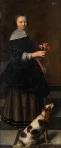 荷兰学派，1650年之前《带着一束花和一只狗的女孩肖像》布面油画，彩绘在120,5 x 52 cm(修复版) 这幅迷人的女孩带着她的狗的全幅肖像，在构图上有几个符号。女孩拿着一束花看着我们，花束里有一朵康乃馨，象征着神圣和永恒，还有两朵郁金香，这是17世纪荷兰一种非常特殊的社会地位的表现，同时也是感官享受和生命短暂的表现。在他的脚下，一只象征着卓越忠诚的狗，从画面上向外，向右，向一个假想的主人走去。因此，这幅画很有可能是双人婚纱照的一部分，分二次创作，整个画作讲述的是爱情的精神和人间两个方面。寓言式肖像所使用的技巧和功能表明，作者是代尔夫特或乌得勒支学派的荷兰画家。将肖像置于室内，地板上有黑白格子，也是这两个地区的典型特征，如保存在布鲁塞尔美术博物馆的《Paulus Moreelse的儿童肖像 》(1571-1638)(inv. 4841)。