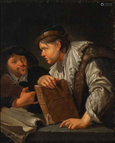 归属于雅各布-托伦弗利特（Jacob TOORENVLIET，莱顿，1640年--Oegstgeest，1719年）《塔木德经》的读者布面油画，重新涂抹31 x 25.5 cm这幅画将与荷兰画家雅各布-托伦弗利特描绘哲学家、炼金术士或音乐课的其他小幅场景进行比较。在这部作品中，我们可以看到两个人在讨论犹太人的文字。人物侧面的衣服与17世纪德国、奥地利和匈牙利的犹太人所穿的服装相对应。艺术家在维也纳等地逗留。两件挂件由Toorenvliet签名，描绘的主题与我们的画作相似，保存在奥斯陆国家美术馆(参见NG.M.94和NG.M.95)。