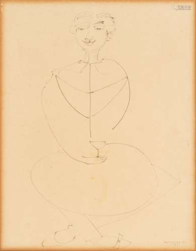 René PORTOCARRERO (1912-1986)Man with glass, 1953Pen stroke on paperSigned and dated lower right 