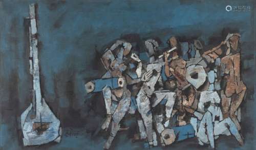 Maqbool Fida HUSAIN (1915-2011)Les musiciennes, circa 1959布面油画左下角有devanagari签名背面有一个部分被撕掉的旧展览标签，可能是纽约展览的标签61 x 102 cm出处：比利时私人收藏，1971年在孟买买入这幅画质量非凡，是Husain在20世纪50年代末画的音乐家系列的一部分，持续了近10年。这个系列（是艺术家最受欢迎的标志性作品）使用了印度艺术史上的词汇和强烈的符号。从十七世纪到印度殖民时期，人们在王室和贵族宫廷的艺术中发现了大量的音乐会场景。拉格玛拉流派发展起来后，本身就成了一种备受赞赏的艺术形式。它们是微型作品（拉加）的汇编，通过音乐家的小动画场景，说明旋律和必须伴随它的心情。侯赛因使用了这一传统主题，但用现代代码和立体主义的方式进行了诠释。事实上，左边的Vînâ（本身就是一个真正的人物）让人想起毕加索和布拉克的吉他，而裸体音乐家的队伍则让我们想起他们的沐浴者。从20世纪40年代开始，胡赛因成为印度现代绘画的领军人物，他形成了印度现代主义运动的一部分，主张与传统艺术决裂，他呼吸着前卫主义的气息。他的绰号是