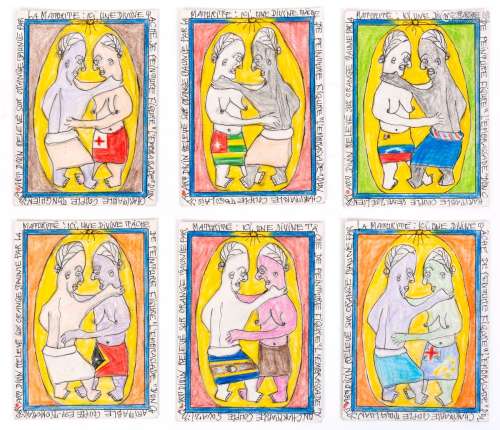 Frédéric BRULY BOUABRE (1923-2014)在这里，绘画的神圣任务是拥抱一对慈善的斯威士兰人、委内瑞拉人、图瓦卢人、多哥人、帝汶人、汤加人夫妇，2006年(一套六幅画)圆珠笔和彩色铅笔在坚固的纸卡上每幅画背面都有签名和日期每幅画19×14厘米我们感谢艺术家之子Jean Lou Bruly先生确认这些作品的真实性。