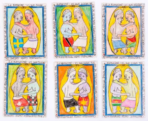 Frédéric BRULY BOUABRE (1923-2014)在这里，绘画的神圣任务是拥抱一对慈善的越南人、瓦努阿图人、苏里南人、瑞士人、瑞典人、特立尼达人夫妇，2006年（一套六幅）强力纸卡上的圆珠笔和彩色铅笔每幅作品背面都有签名和日期每幅19×14厘米我们感谢艺术家之子Jean Lou Bruly先生确认这些作品的真实性。