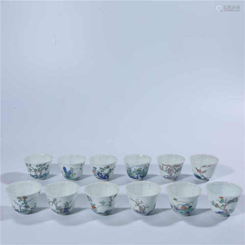A set of Qing Dynasty Kangxi famille rose flower god cup