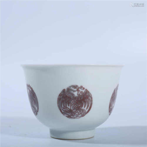 Qing Dynasty Kangxi glaze red phoenix cup