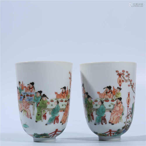 A pair of Qing Dynasty Kangxi pastel character story cups