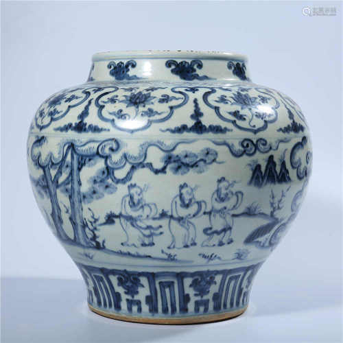Blue and white characters story pot of Ming Dynasty