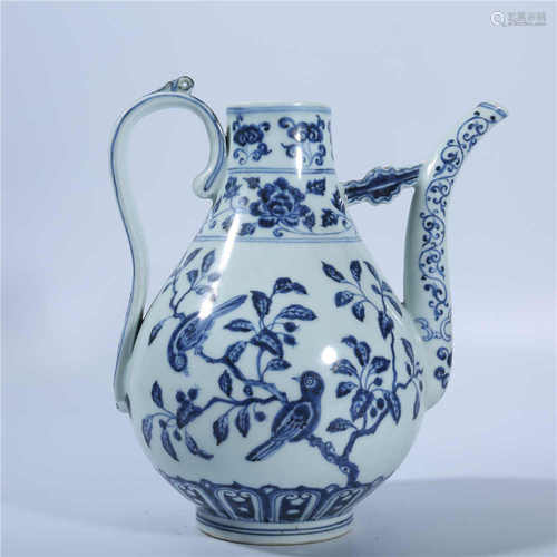 The blue and white flower and bird pattern wine pot in Ming Dynasty