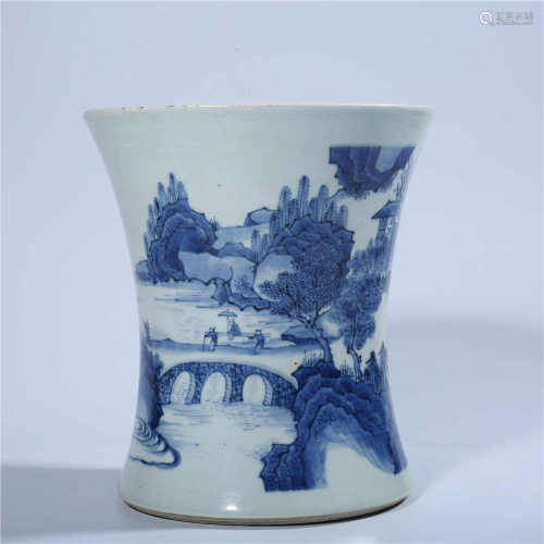 Blue and white brush holder with landscape pattern in Ming Dynasty