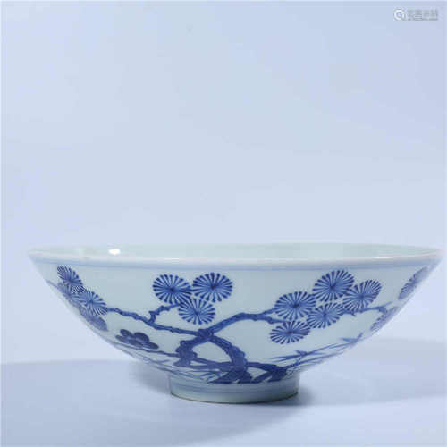 Qing Dynasty Kangxi blue and white pine bamboo plum pattern bowl