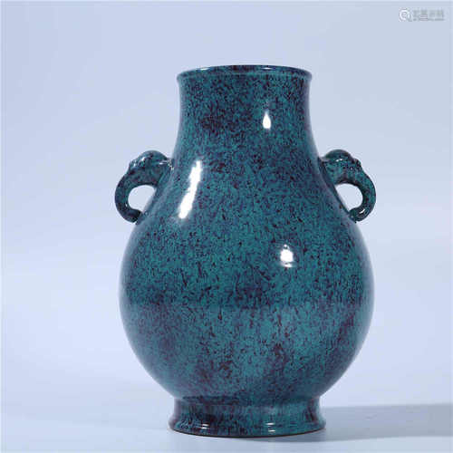 Qing Dynasty Qianlong peacock green glazed Elephant Ear vase