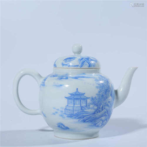 Blue and white teapot with landscape pattern in the Republic of China