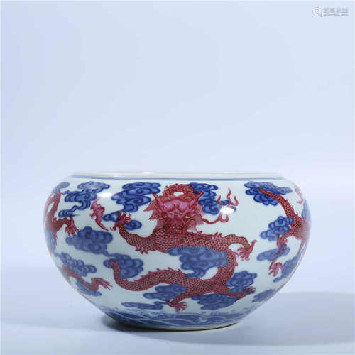 Qing Dynasty Qianlong blue and white bowl with red dragon pattern