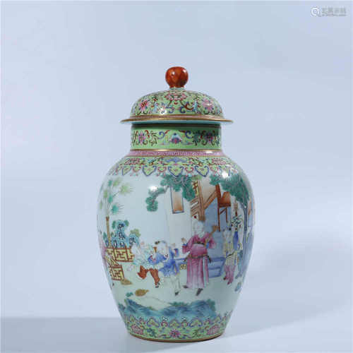 The lid jar of Jiaqing pastel characters in Qing Dynasty