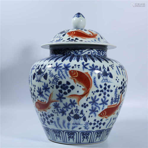 Jiajing blue and white red color fish algae covered jar in Ming Dynasty