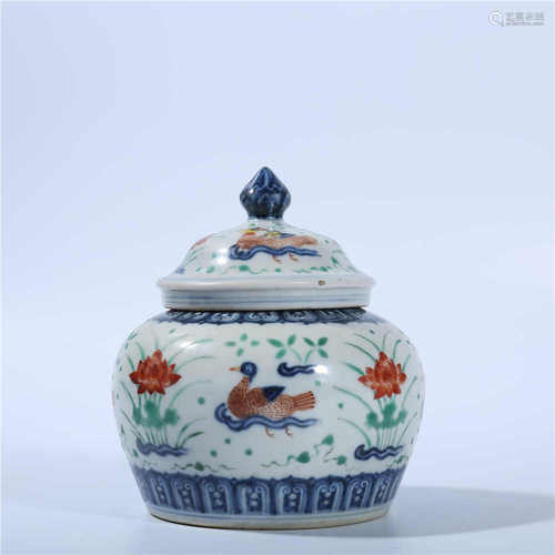 Ming Dynasty Xuande pastel lotus pond jar with mandarin duck pattern