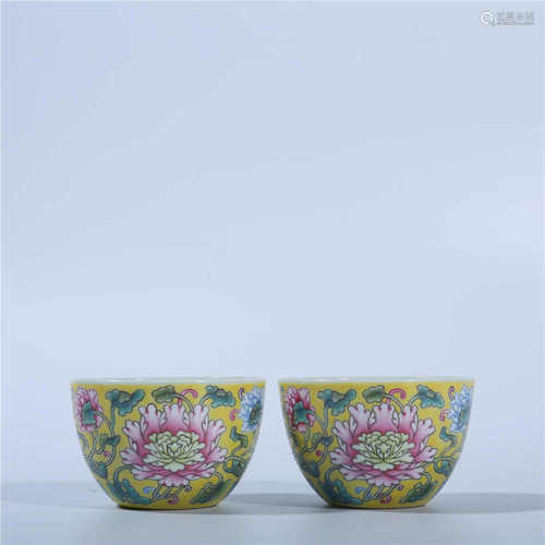 A pair of pastel flower pattern cups in Kangxi of Qing Dynasty