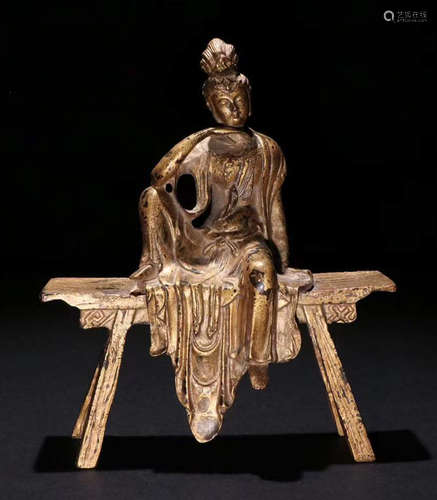 GILT BRONZE ZIZAI GUANYIN BUDDHA STATUE