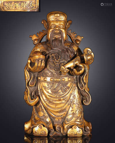 YONGLE MARK GILT BRONZE CAISHEN STATUE