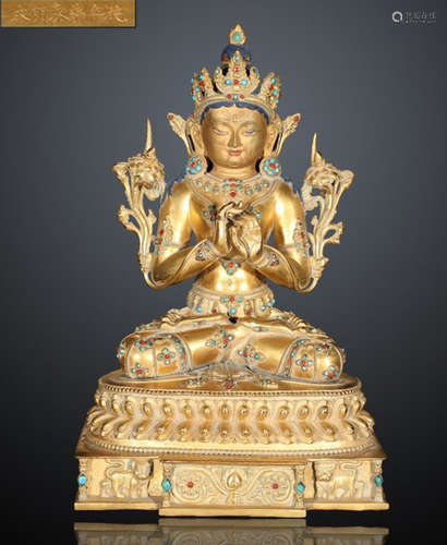 GILT BROZNE BUDDHA SEATED STATUE