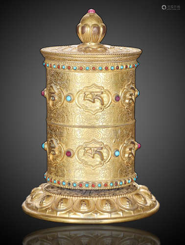 TIBETAN GILT BROZNE WITH GEM PRAYER WHEEL