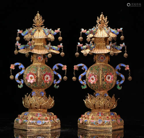 PAIR OF GILT SILVER FILIGREED WITH GEM PAGODA