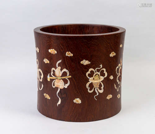 Large Chinese Wood Brush Pot Inlaid Mother of Pearl