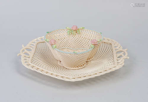 Set Irish Belleek Thread work Basket Bowl/Plate