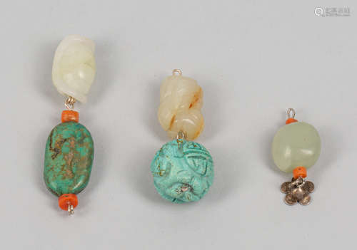 Set Chinese Jade, Turquoise, Coral Like Pendant