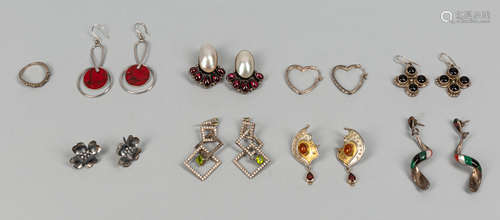 Group of Designed Silver/Gemstone Earrings.