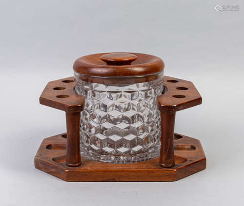 Vintage Pipe Stand Holder with Glass Tobacco Jar