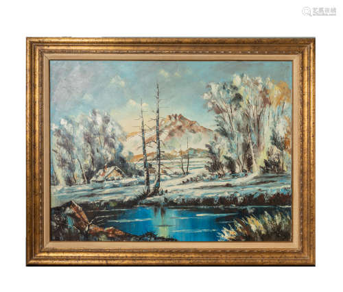Vintage Oil Painting Snow Mountain