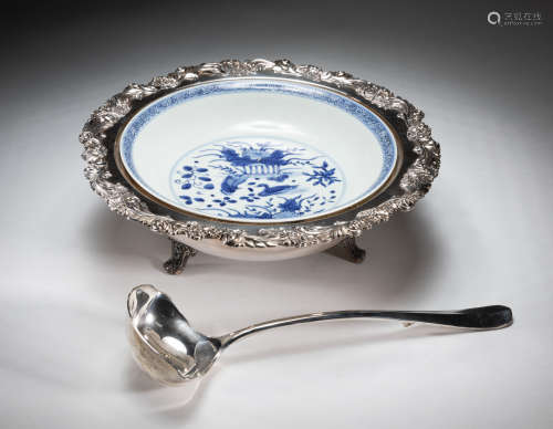 Chinese Blue White Kraak Silver-plate Mounted Central Piece