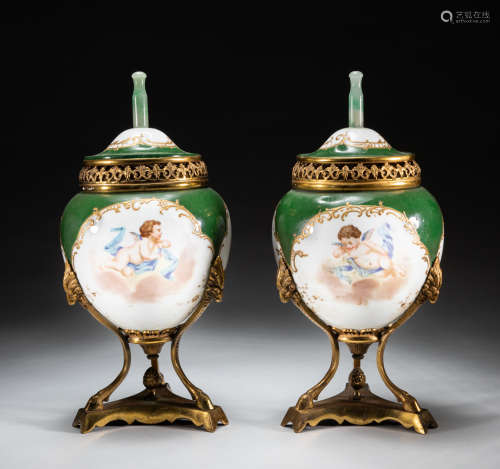 Pairs France Enameled Porcelain Urns with Chinese Jade Final