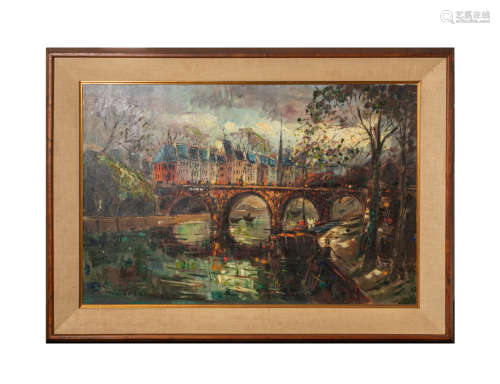 Framed Oil Painting on Canvas of Bridge