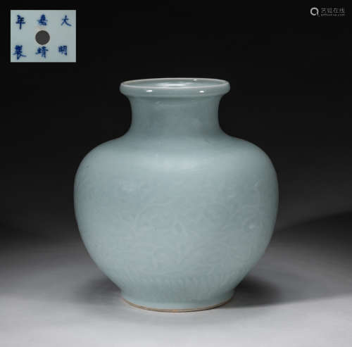Antique Chinese Carved Blue Glazed Porcelain Jar