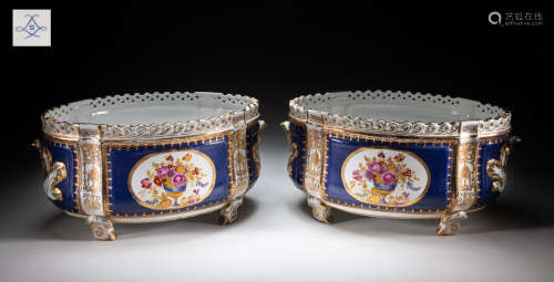 Pairs Severs Style Oval Enameled Porcelain Jardineres