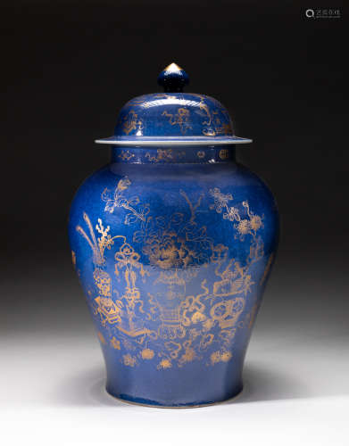 Large Chinese Gilt Blue Glazed Porcelain Jar