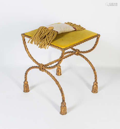 Italian Hollywood Regency Gold Gilt Iron Rope Tassel Vanity Chair