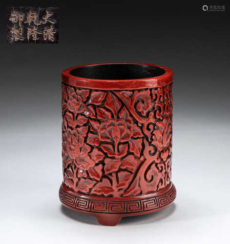 Chinese Carved Cinnabar Brush Pot