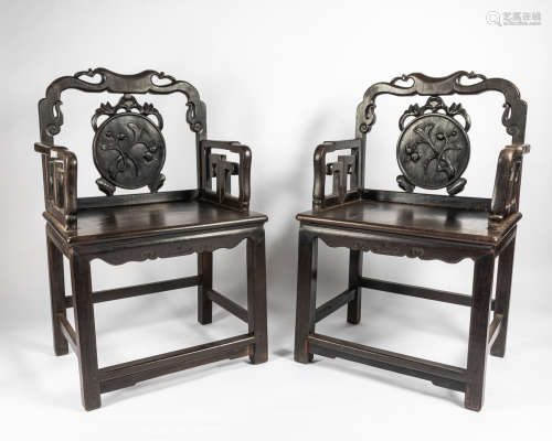 Pairs Chinese Carved Wood Armchairs