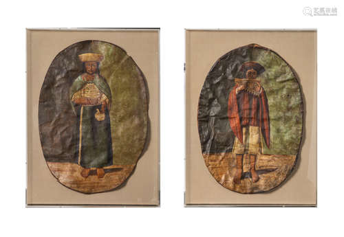 Pair Peruvian School Oil Painting on Leather