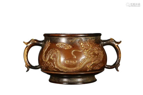 PARCEL GILT COPPER ALLOY CENSER CAST WITH DRAGONS AND