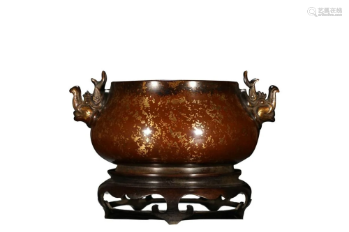 GOLD SPLASHED COPPER ALLOY CENSER WITH BEAST HANDLES